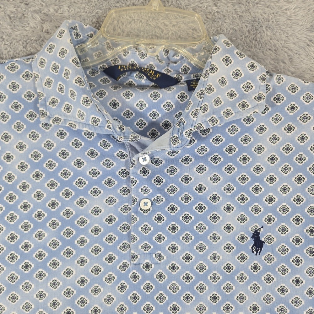 Polo Golf Ralph Lauren Mens Large Blue Geometric Floral Print Cotton Polo Shirt